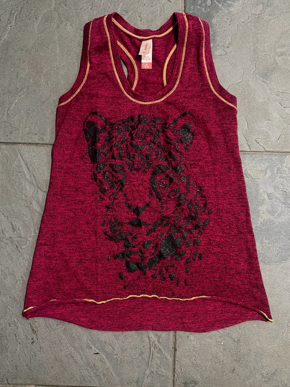 No Boundaries Maroon Racerback Tank with Black Leopard Graphic and Gold Trim